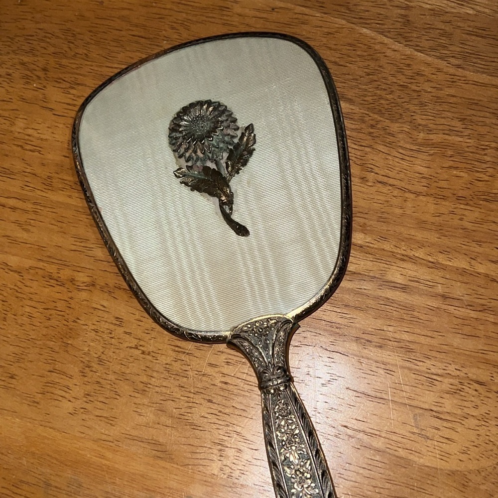 Vintage Matson 50’s Hand Held Vanity Gold Tone  Sunflower Mirror